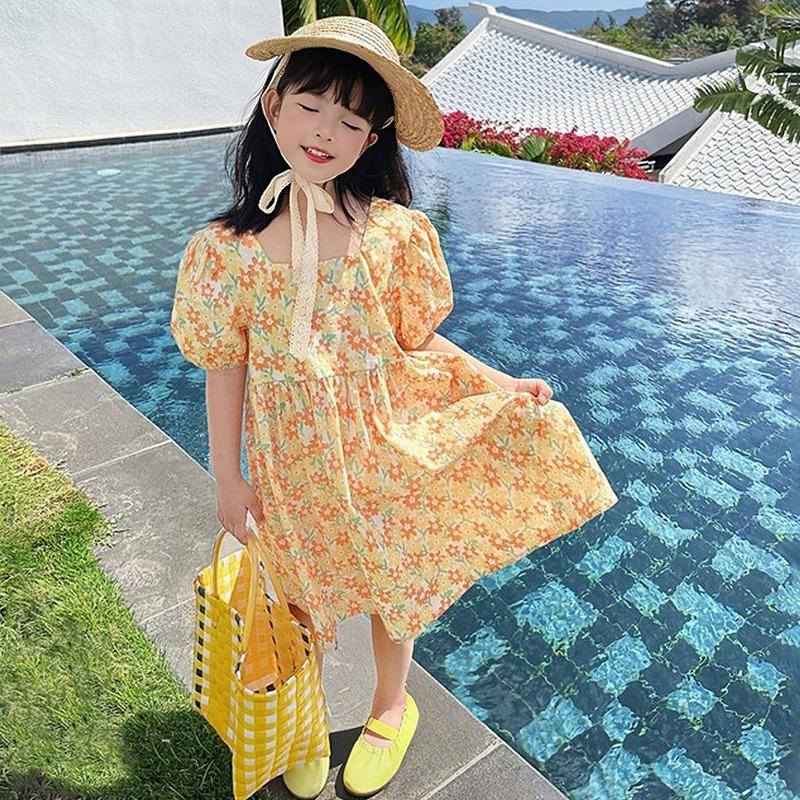 Летнее платье с открытой спиной и цветочным принтом для маленьких девочек, детское милое платье принцессы, платье с объемными рукавами