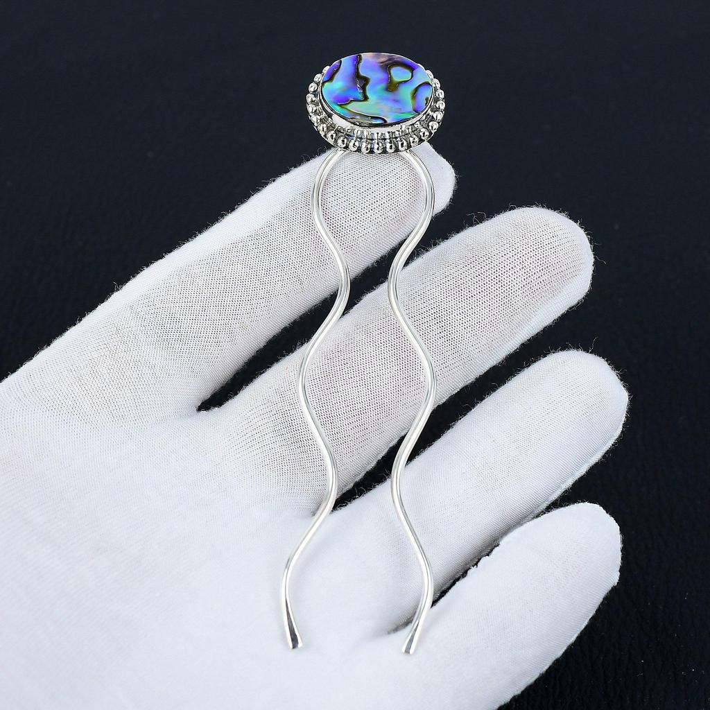 Заколка для волос из натурального драгоценного камня в виде ракушки абалон, ручная работа, серебро 925 пробы - свадебный аксессуар, держатель для пучка для тонких и густых волос, подарки для нее