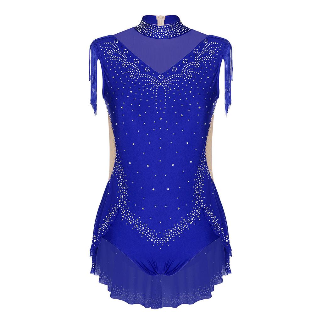 Блестящий купальник для танцев со стразами, с воротником-стойкой, без рукавов, с невидимой молнией сзади, с прозрачными сетчатыми вставками в стиле пэчворк