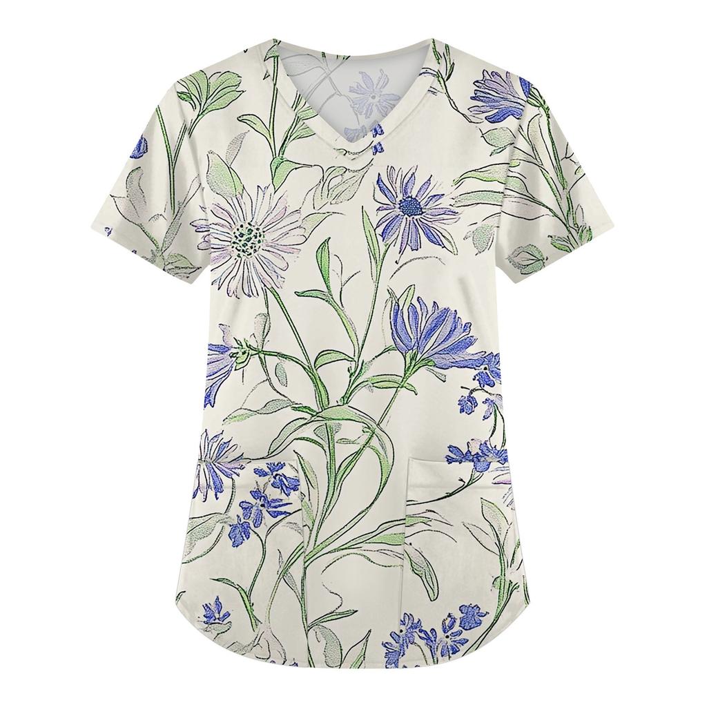 Женская мода с коротким рукавом и V-образным вырезом с карманами и цветочным принтом Топы Одежда