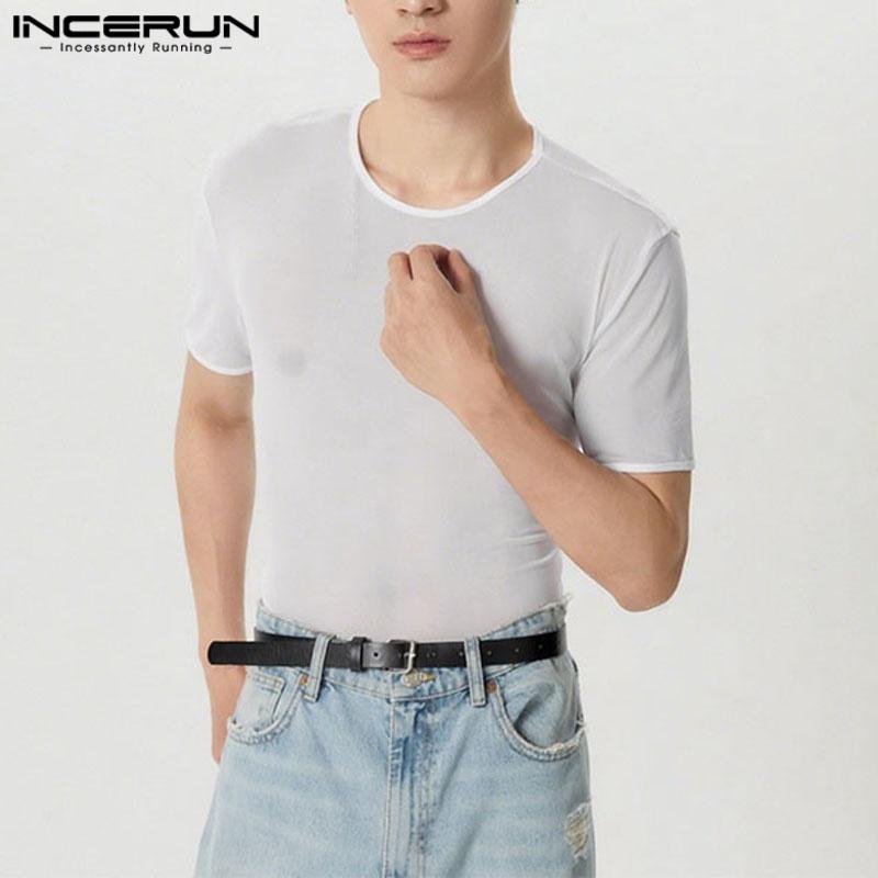 INCERUN Мужские сетчатые прозрачные топы с коротким рукавом для пляжной вечеринки, просвечивающие футболки