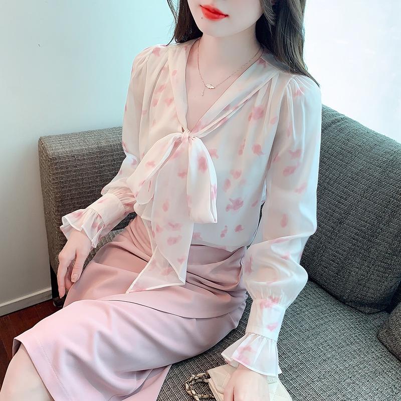 Мода 2024 Осень Длинный Рукав Воротник-Бант Повседневный Принт Шифон Блузка Рубашка Женские Топы Блузки Рубашки J511