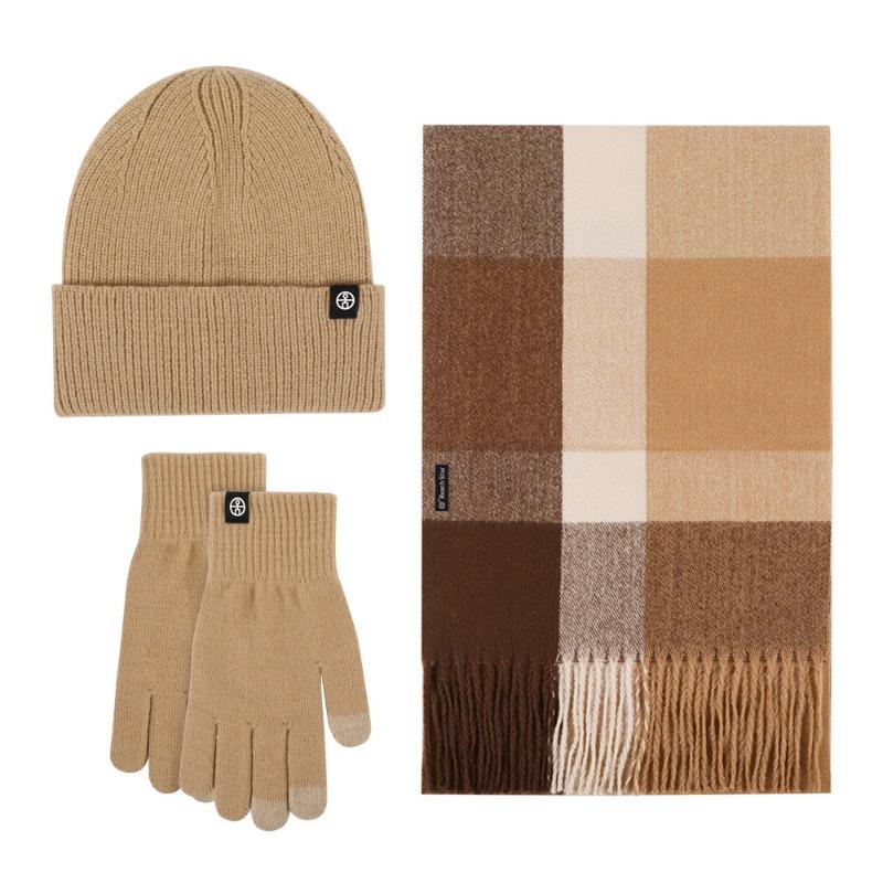 Plaid Scarf Winter Shawl Warm Suit Outdoor Cold Proof Thickened Knitted Hat Scarf Gloves Three-piece Set