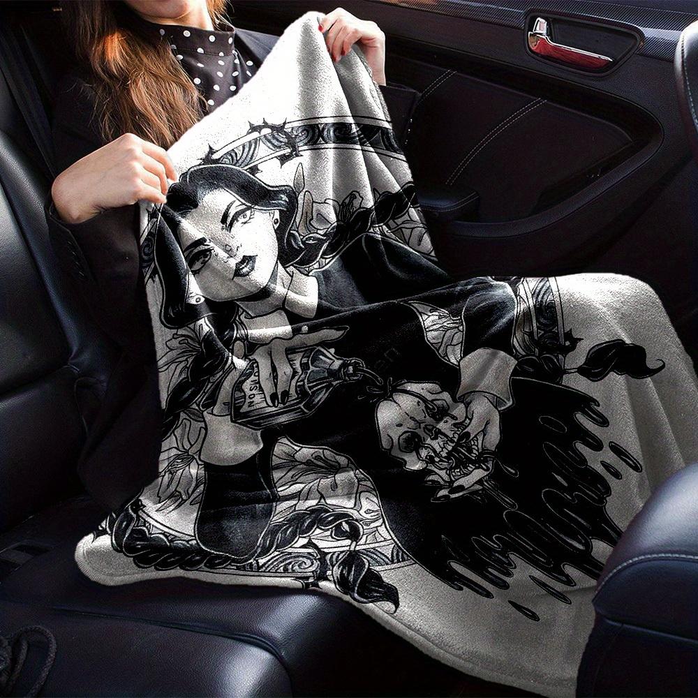 1pc Flannel Blanket, Gothic,Wednesday,Skull Pattern Printed Blanket, Sofa Bed Sofa Car Office Camping Travel Warm And Comfortable Soft Blank