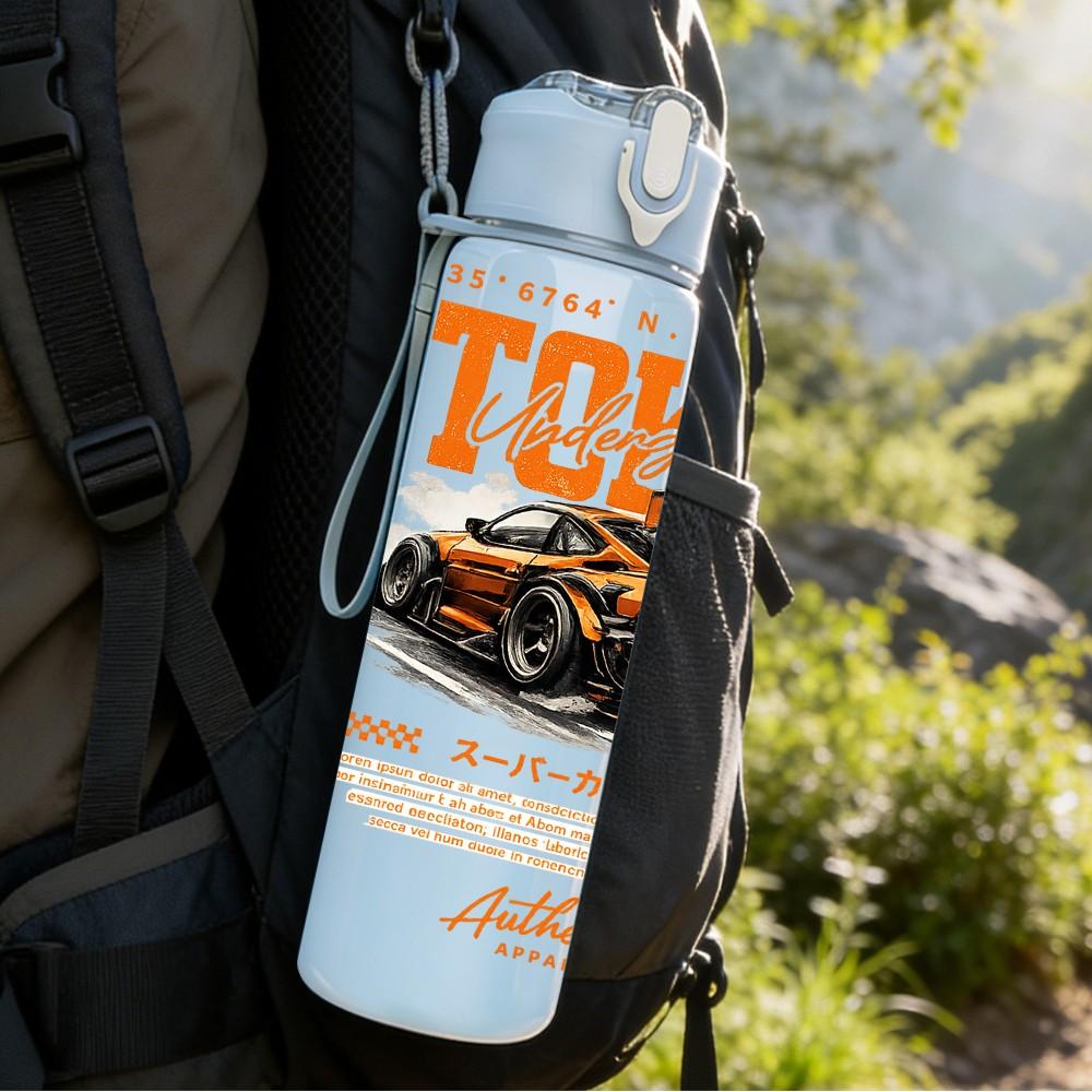 1PC Tokyo Drift Race Car Retro Print 750ml Color Plastic Sports Water Bottle Leakproof Flip Straw Lid Suitable for Sports Office Home Use