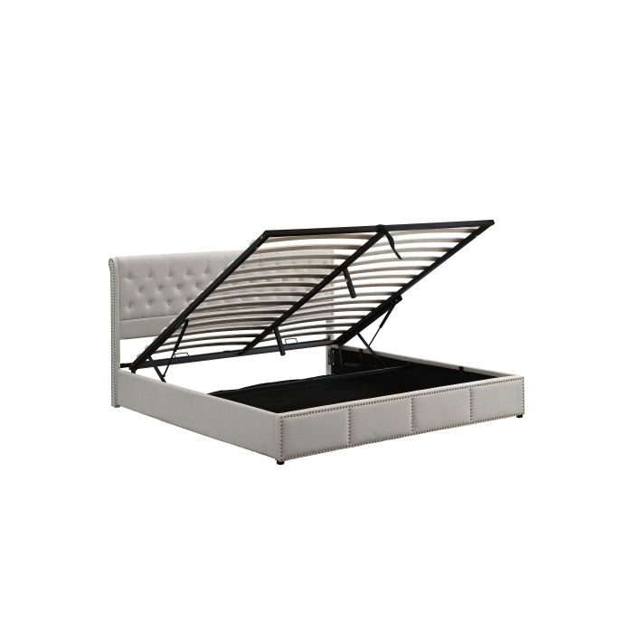 Lit - MUVOE - 180 x 200 cm - Rembourré en lin de coton - Gris clair - Avec tiroirs de rangement