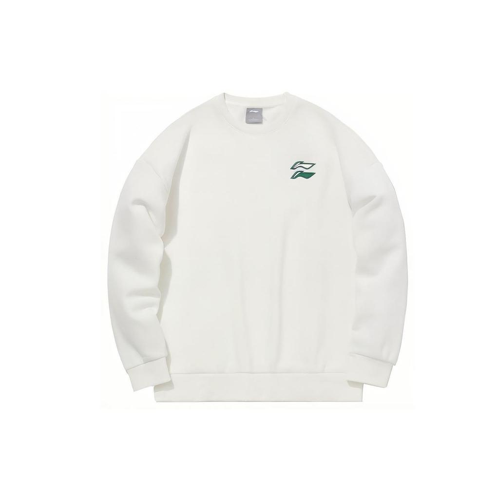 Li Ning Logo Print Solid Color Long Sleeve Crew Neck Loose Sweatshirt Men Sweatshirt White AWDQB71-7