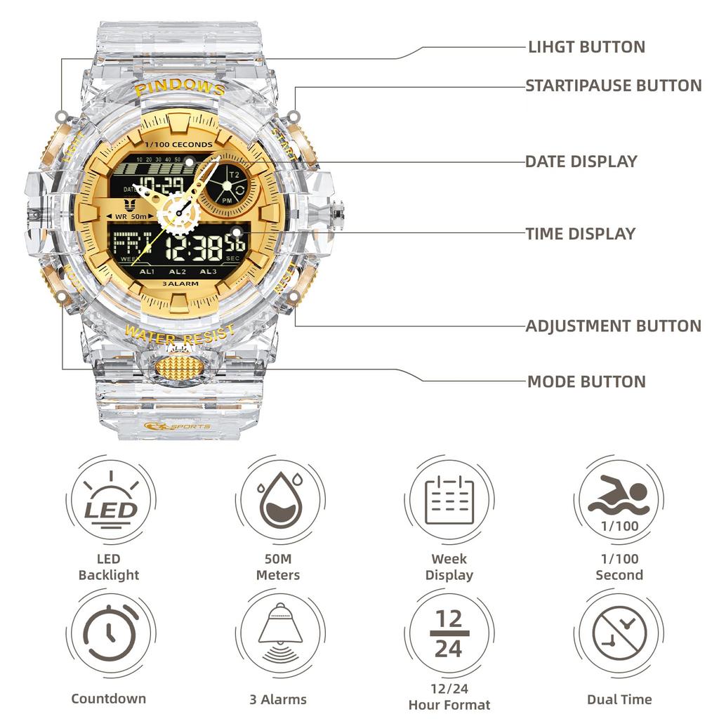 PINDOWS Military Watch Outdoor Sports Electronic Date Multifunction LED Alarm 50 Meter Water Resistant Analog Digital Display Watch Men's Watch, Men's