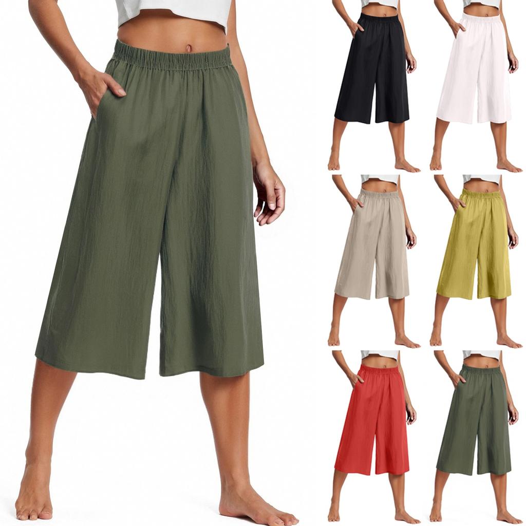 Women's Wide Leg Pants With Pockets Lightweight High Waisted Caual Loose Cropped Trousers