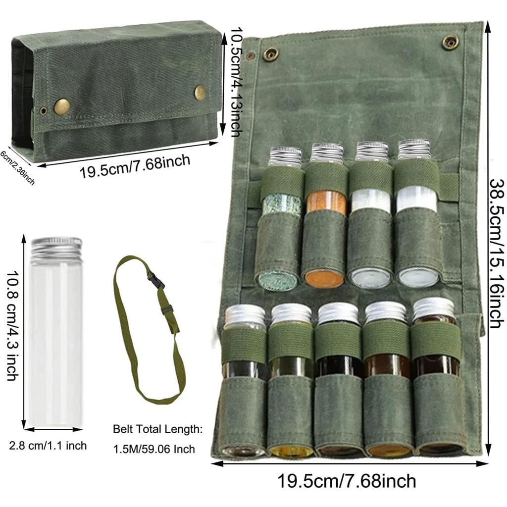 Portable Spice Waterproof Camping Seasoning Container with 9 Spice Jars, Folding Canvas Seasoning Storage, Travel Multi Spice Containers Set with
