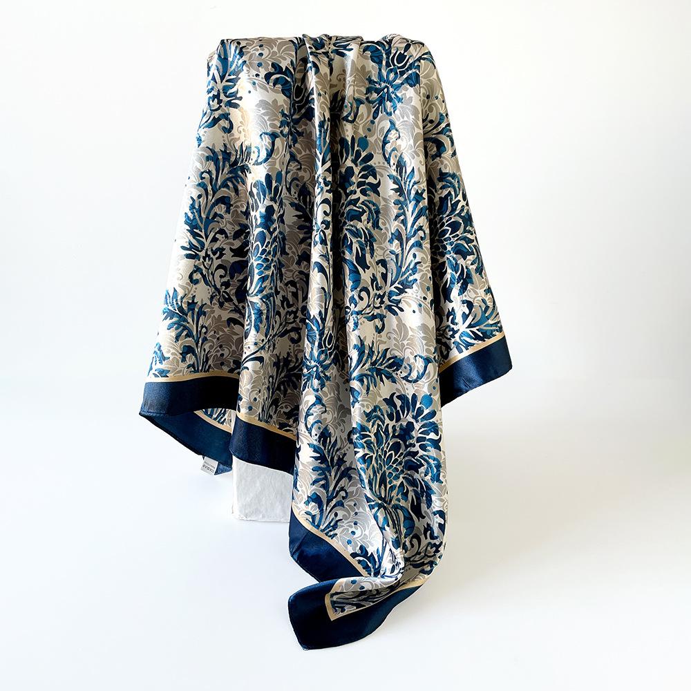 Vintage-print silk scarf, 90×90cm, faux silk headscarf, glossy satin headscarf, head-wrapping scarf