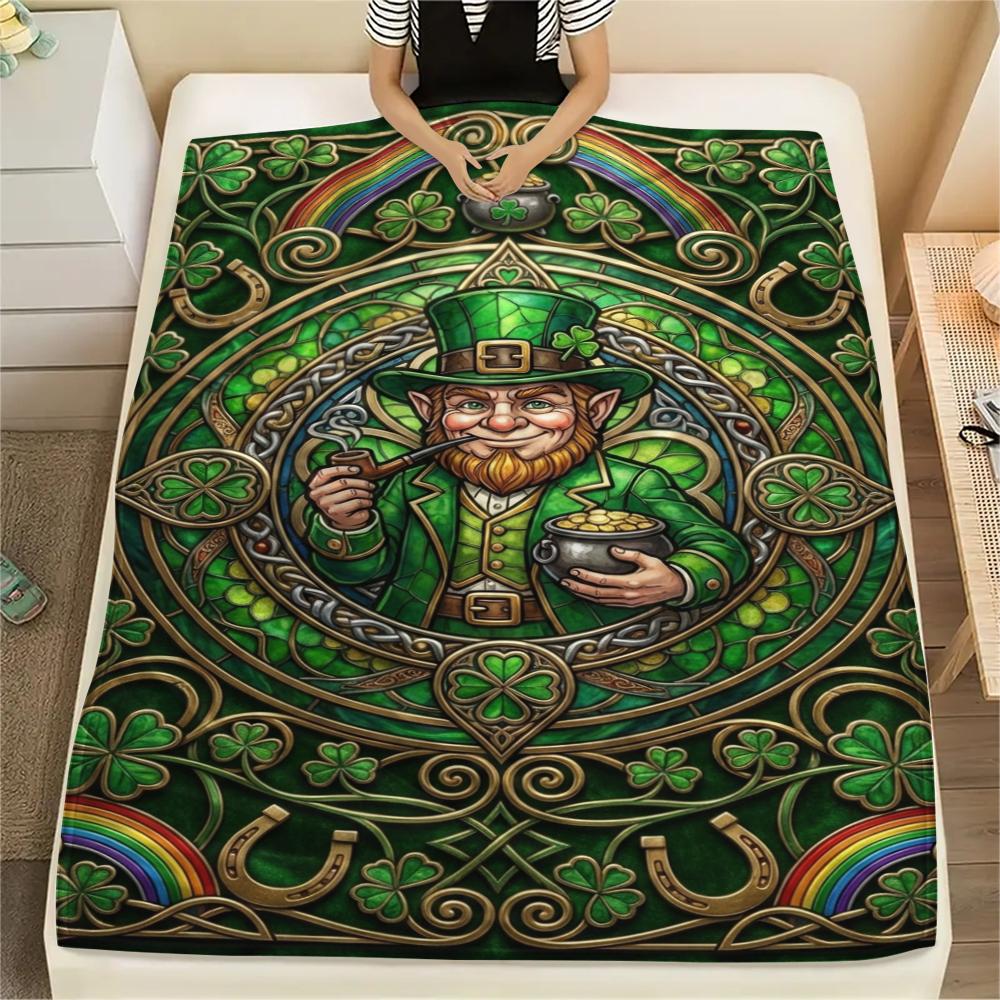 1Pc St.Patrick's Day Print Flannel Blanket, High quality Comfortable for All Seasons, Home Decor, Warmth and Comfort, Perfect for Christmas Gifts W71
