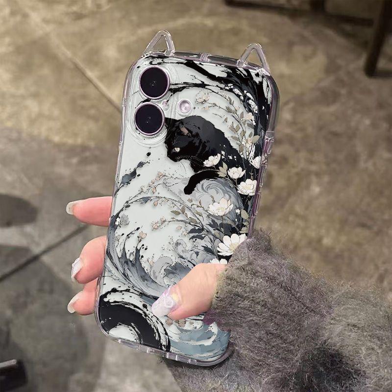 Черный кот Тушь Рисунок Чехол для Телефона Для iPhone 17 16 15 14 13 12 11 Pro Max XR XS MAX 7 8 PLUS INS Кошачьи Ушки Прозрачная Крышка