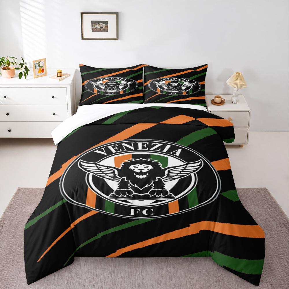 Venezia FC Winged Lion Crest Bedding set (1 duvet cover, 2 pillowcases, duvet not included) for Living Room Dorm Decor, Orange Green Stripes Art Print