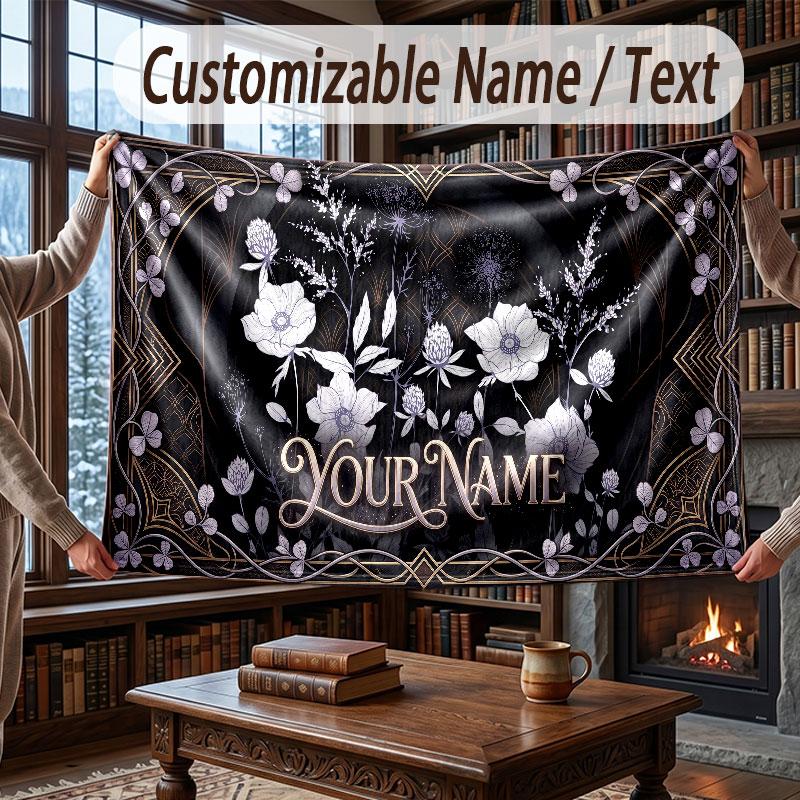 Floral Garden Theme Throw Blanket Custom Name Text Personalized Blanket Soft Cozy Blanket for Home Sofa Bed
