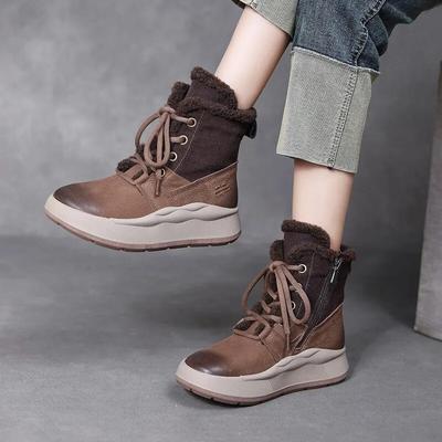 Осенне-зимние плюшевые теплые хлопковые сапоги из натуральной кожи на толстой подошве, универсальные полусапожки в стиле ретро с круглым носком