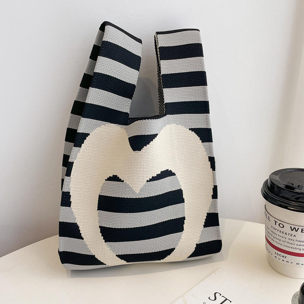 FASHION Women'S Knot Wrist Bag Handmade Knitted Bag Portable Mini Striped Tote Bucket Phone Bags Large Capacity Autumn Winter Handbags