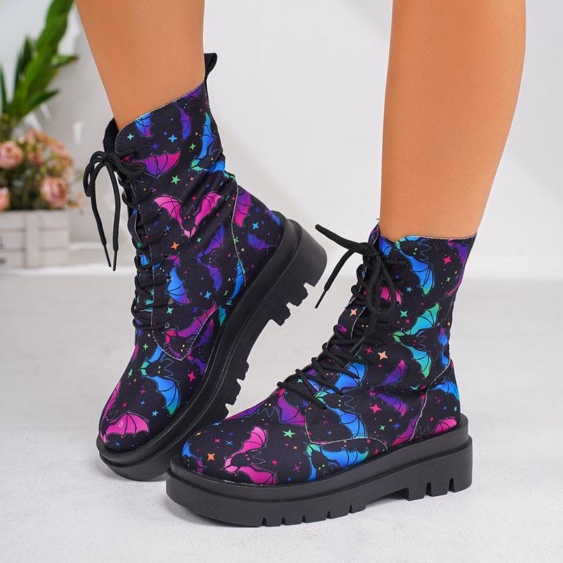 Осенние женские сапоги с принтом на Хэллоуин, ботильоны с тыквой и летучей мышью ко Дню всех святых, готическая обувь, модные сапоги на платформе и каблуке со шнуровкой для верховой езды