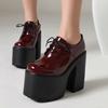 Ultra High Waterproof Platform Shiny Patent Leather Lace Up Women's Pumps Breathable Lining Thick Heels Punk Trendy High Heels