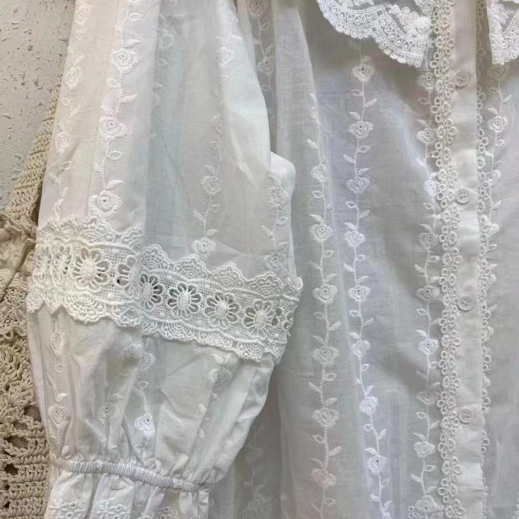Huimei 1116 summer new female doll collar Japanese cotton shirt loose shirt top cardigan literary style embroidery