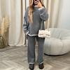 Women Striped Knit Sweater Wide Leg Pants Set Split Pullover Tops Elastic High Waist Straight Pants Two Piece Set Lounge Wear Tracksuits for