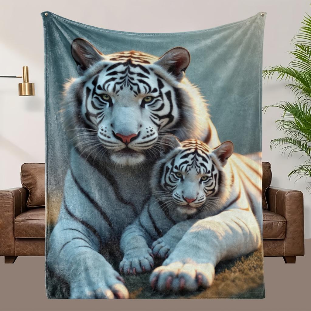 Luxurious White Tiger Print Fleece Blanket - Ultra-Soft Polyester All-Season Bedspread with HD Digital Tiger Design, Plush
