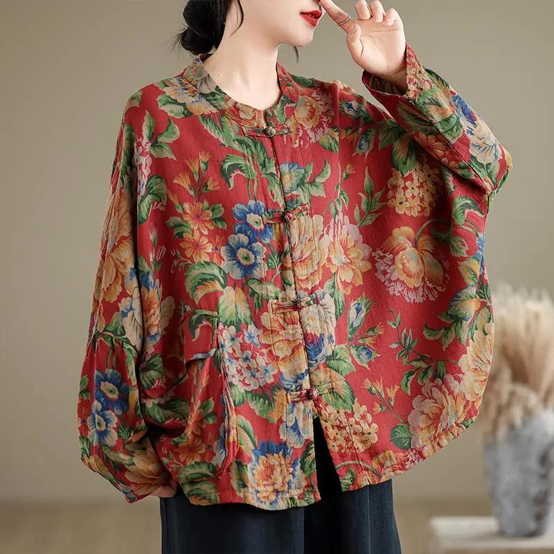 Этнический стиль ретро большой цветок рубашка из хлопка и льна женская весенняя китайская застежка на пуговицы кардиган с рукавом летучая мышь топ