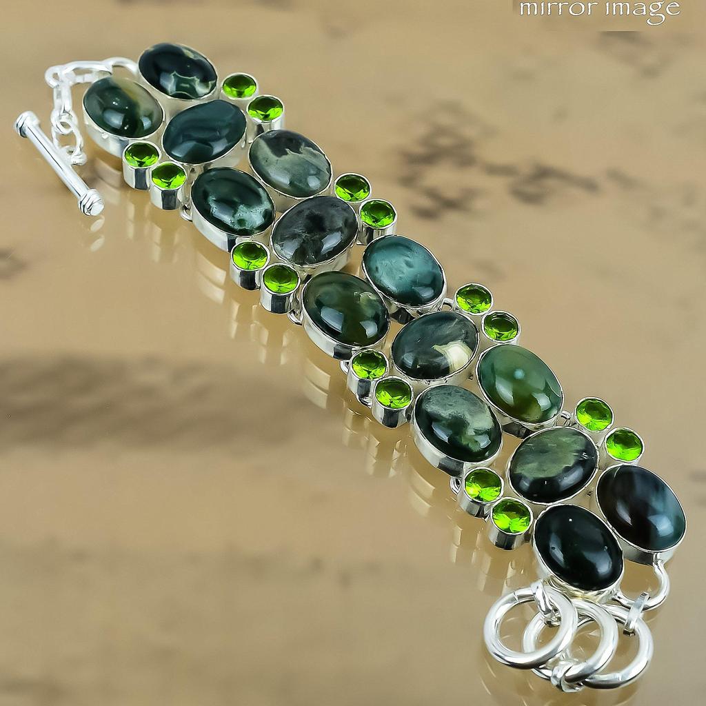 Gift For Her Natural Ocean Jasper Chain Adjustable Bracelet 925 Silver