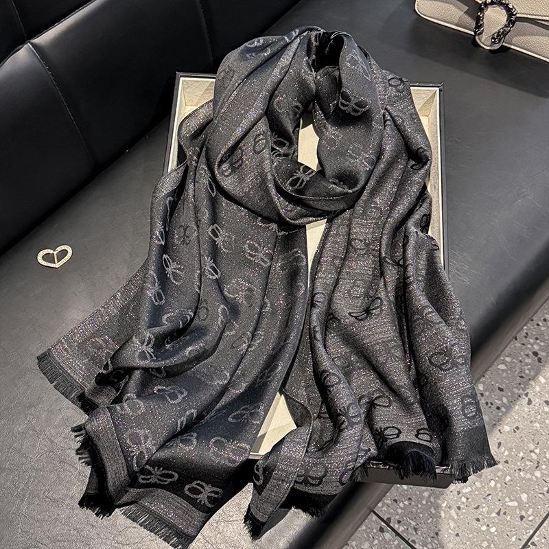 New Imitation Silk Fashionable Elegant High-end Long Silk Scarf Short Beard Shawl Long Scarf Tensile Cotton Gold Silk Scarf
