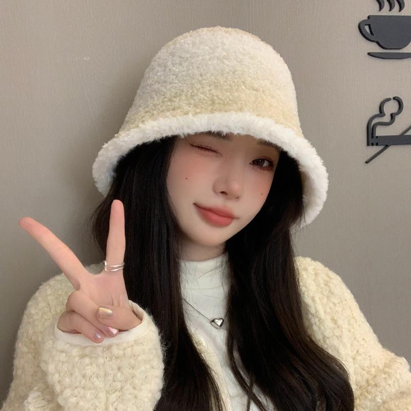 Шапка женская с постепенным изменением цвета, имитация ягненка, панама, допаминовая зимняя теплая плюшевая шапка-тазик