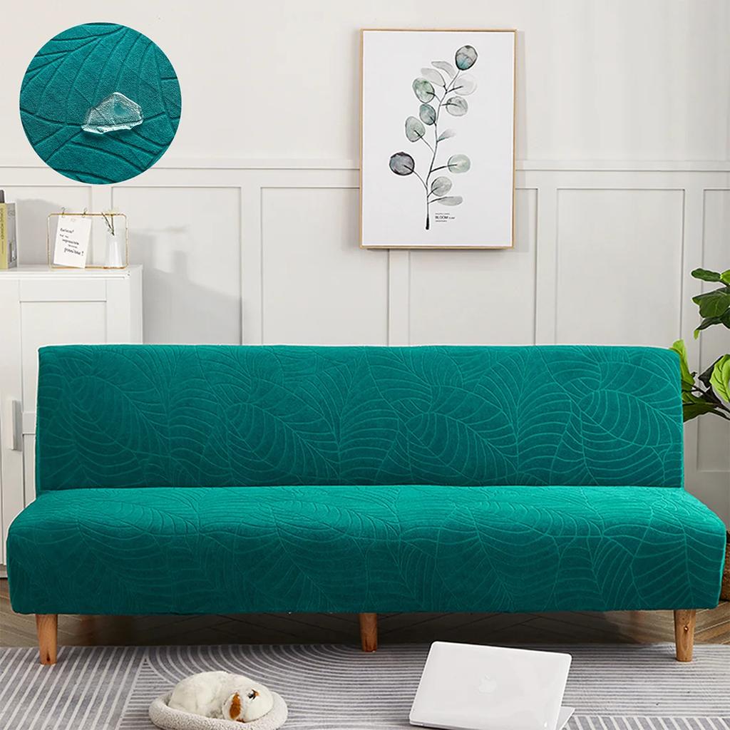 1Pc Large Size Water Resistant Leaf Texture Jacquard Stretch Armless Sofa Bed Cover Spandex Non Slip Soft Couch Slipcover