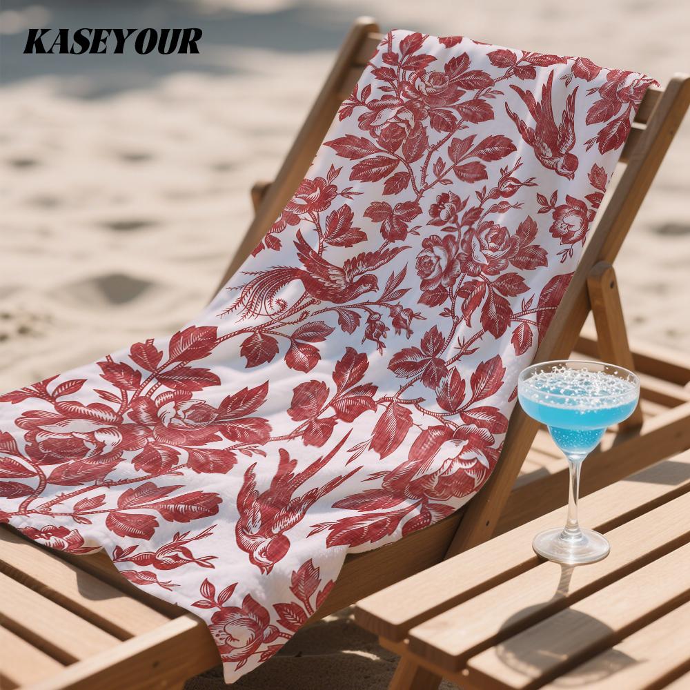 Vintage Red Toile Floral Oversized Microfiber Beach Towel Sand Proof Quick Dry, Absorbent for Swimming Pool Travel Camping