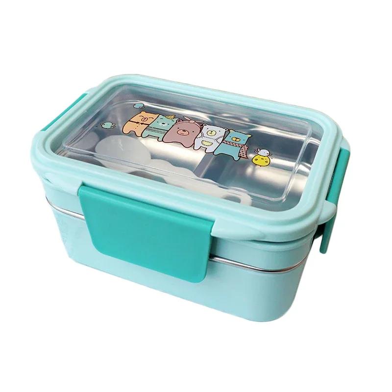 Portable Stainless Steel Double Layer Food Container for Kids Cartoon Lunch Box for Kids Picnic School Bento Box