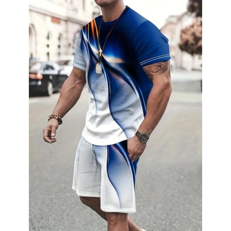 Men's Suit Casual Simple Pattern Printing T-shirt Hawaiian Casual Vacation T-shirt Two Piece Quick Drying Short Sleeved Men Set