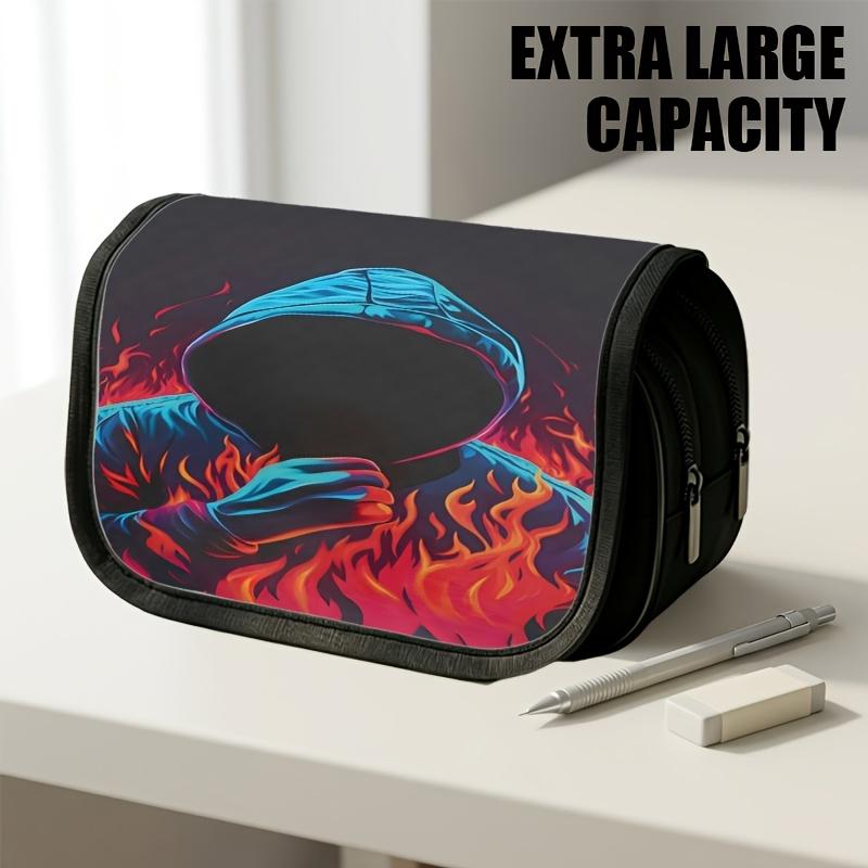 1pc Double Layer Flip Pencil Case, Flaming Hooded Figure, Large Capacity, Portable Polyester Pen Storage Bag with Zipper Closure, Ideal for School & O