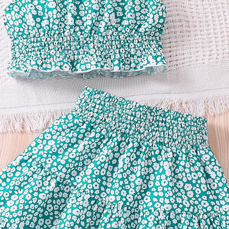 Комплекты для девочек 8-12 лет, красный топ с бретелькой на бретельках с цветочным принтом для маленьких девочек + красная юбка с цветочным принтом, костюмы в корейском стиле, летние повседневные комплекты одежды