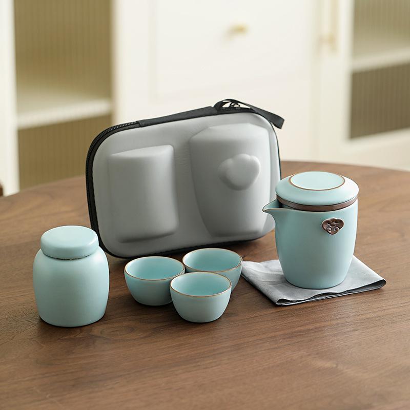 Simple Ru kiln portable travel tea set ceramic express cup, one pot and three cups of small tea can be ordered as a gift.