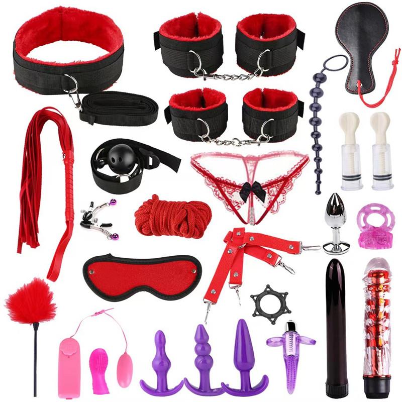 26pcs Bondage Set Plush Red Handcuffs Whip Slave Games Anal Plug Couple Sex Toys Fetish Bondage Gear for Husband and Wife
