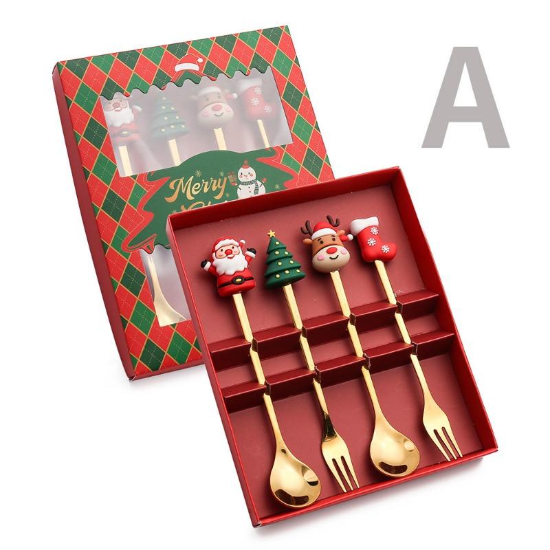 2026 Christmas 6pcs/4pcs Spoon Fork Set Stainless Steel Christmas Spoon Set Coffee Tea Dessert Scoop Christmas Tableware Set