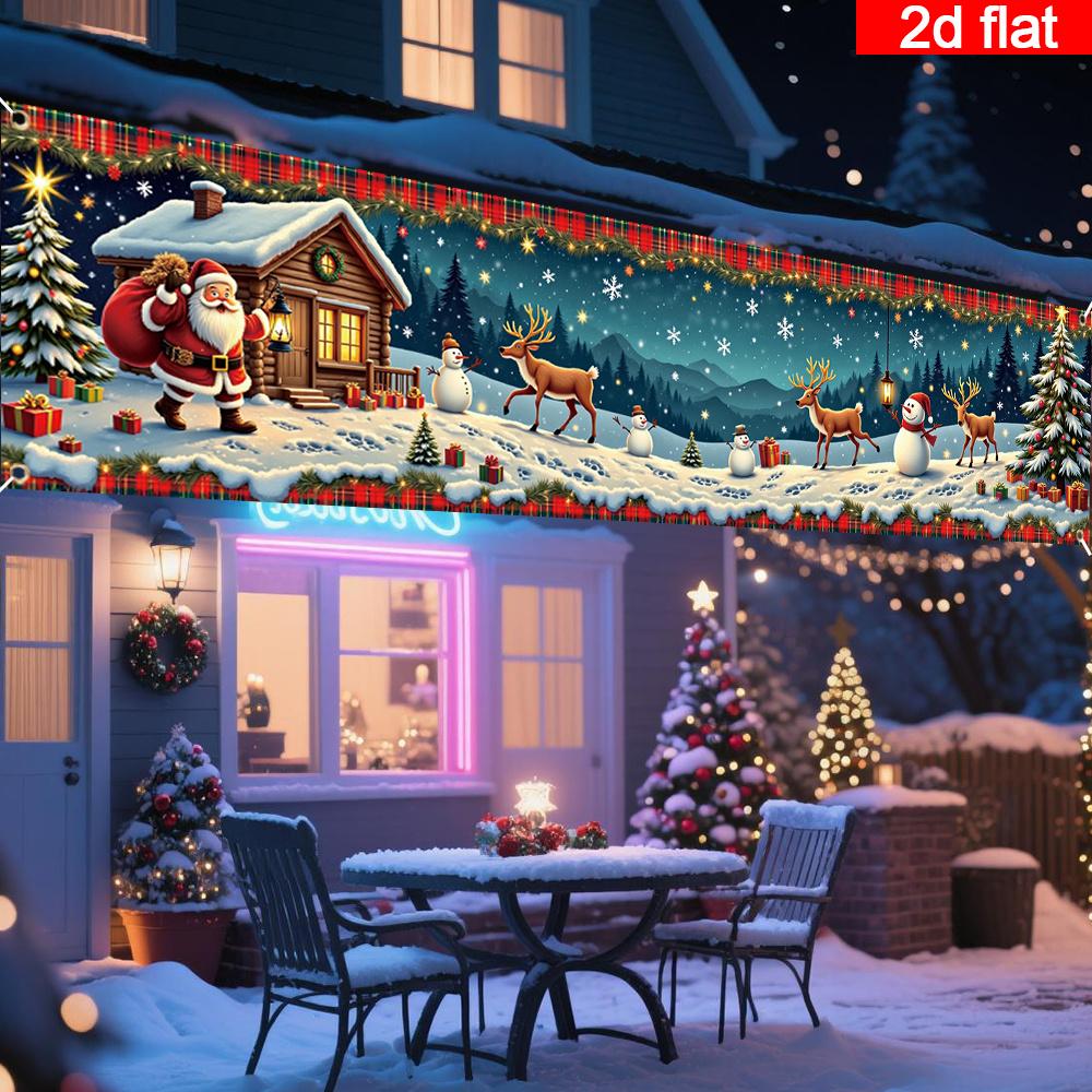 Extra Large 18x78in Christmas Banner, Winter Wonderland Snowflakes Santa Reindeer Snowman Pattern, Heavy-Duty Polyester Outdoor Indoor Party Backdrop