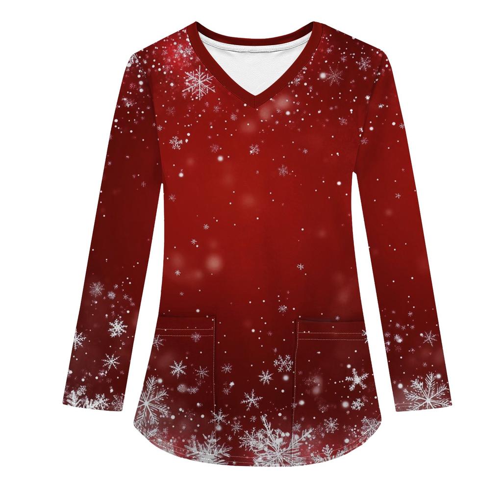 Женская модная рабочая одежда с V-образным вырезом, длинным рукавом и карманом, рождественский принт, футболка, топ