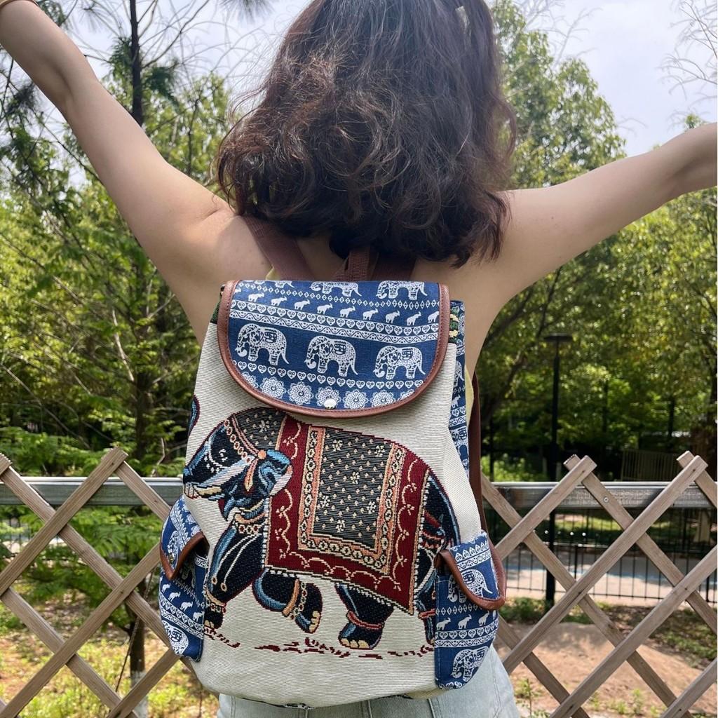 Elephant Pattern Traditional Embroidered Canvas Backpack With Drawstring Closure