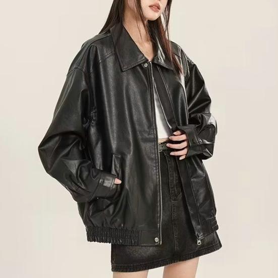 Женская куртка из искусственной кожи с длинными рукавами и отложным воротником, свободная посадка, карман на молнии, сплошной цвет, винтажное женское пальто большого размера в американском стиле