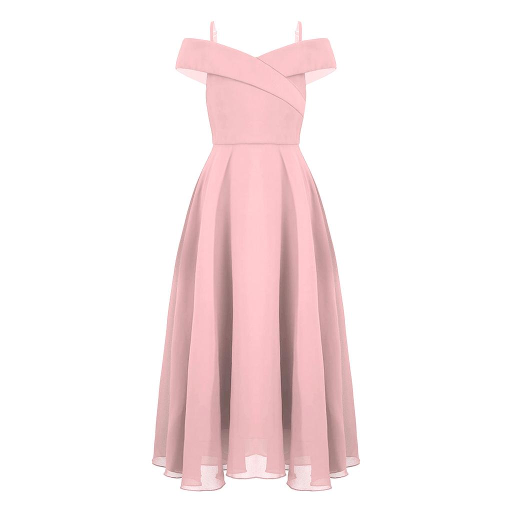 Kids Girls Elegant Chiffon Party Dress Off Shoulder Adjustable Strap Floor Length Evening Gown