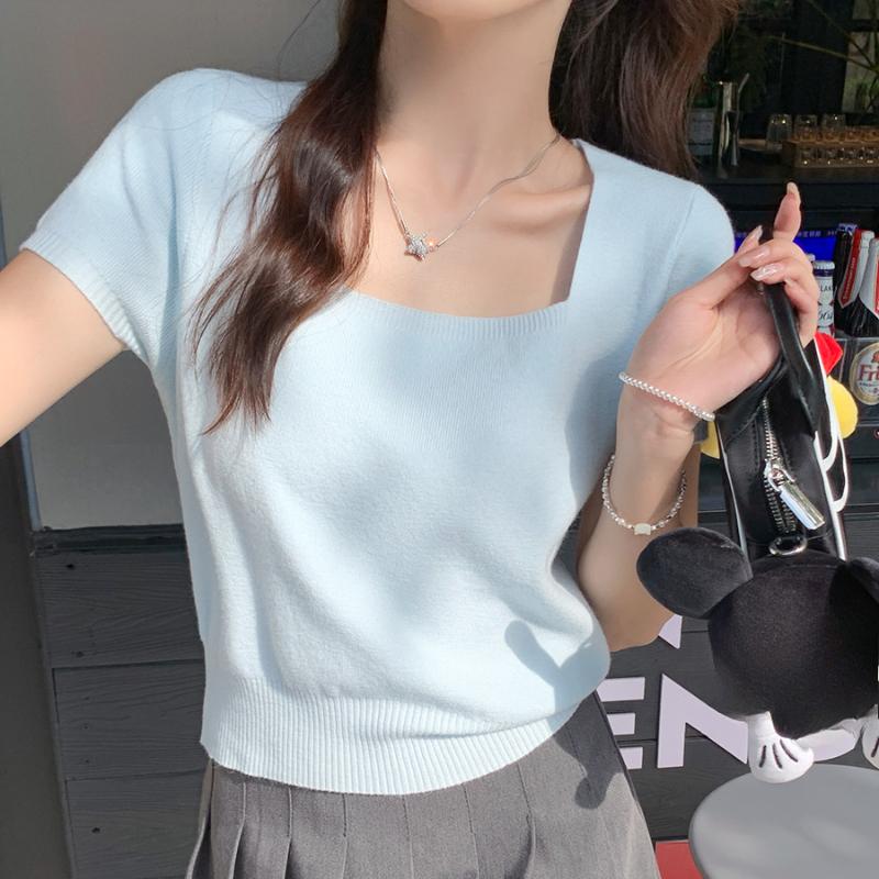 Летняя новая тонкая трикотажная футболка с коротким рукавом женская винтажная облегающая с квадратным воротником женская футболка элегантная однотонная простая женская футболка одежда 26233