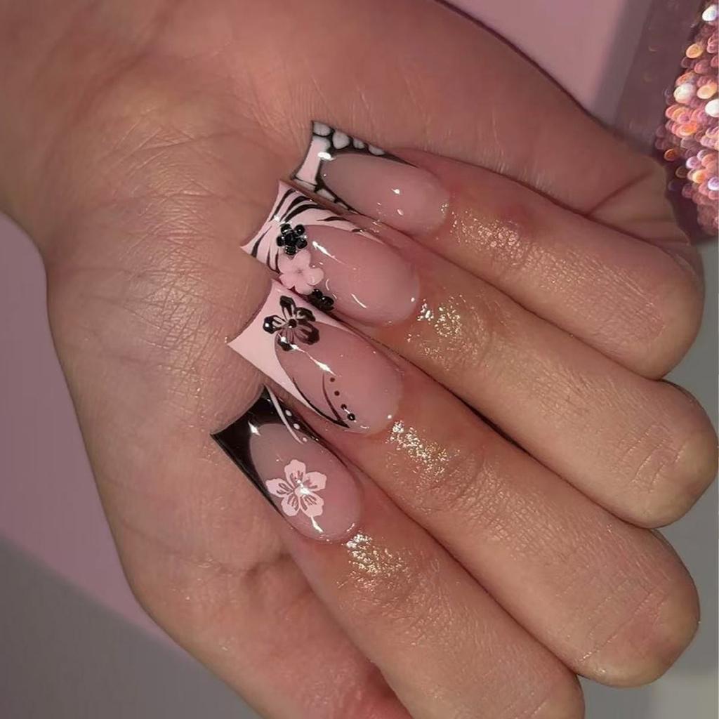 Накладные ногти квадратной формы в виде цветка, 12 размеров, 24 французских типса для самостоятельного украшения ногтей.