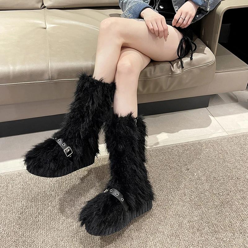 Модные меховые полусапожки на платформе, женские теплые ботинки, зимняя новая обувь 2025 года, кроссовки Chelsea Goth, модные повседневные короткие плюшевые ботинки Mujer