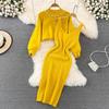 Women Autumn Winter O Neck Beaded High Waist Short Open Bellybutton Sweater Two Piece Knitted Tank Top Dress
