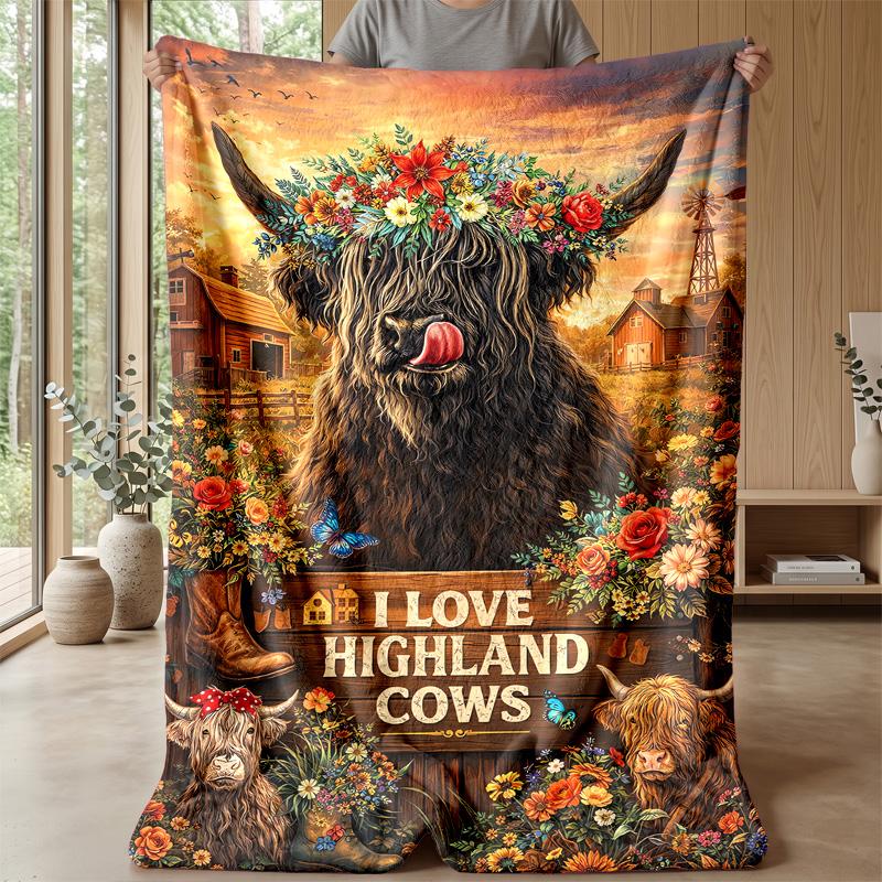 Highland Cow Fabric Patterns Theme blanket Lightweight Warm Flannel Blanket Decorative Throw Blanket for Home Decoration