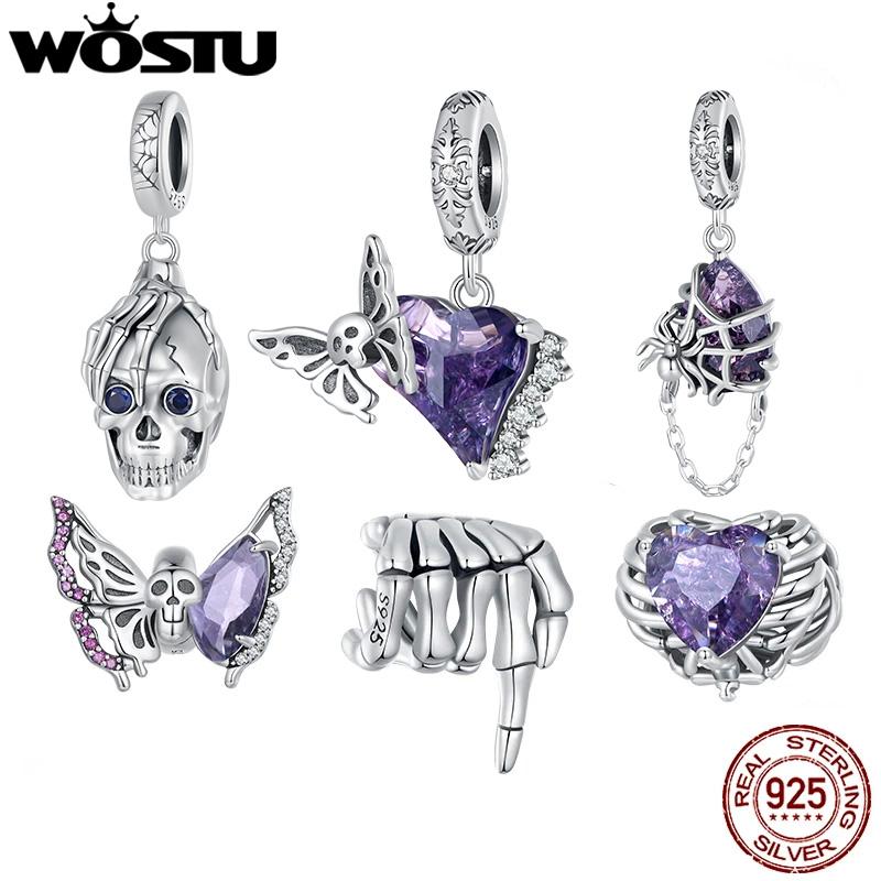 WOSTU 925 Sterling Silver Halloween Gift Purple Pendant Punk Skeleton Hand Bead Skull Butterfly Charm Fit DIY Bracelet Necklace